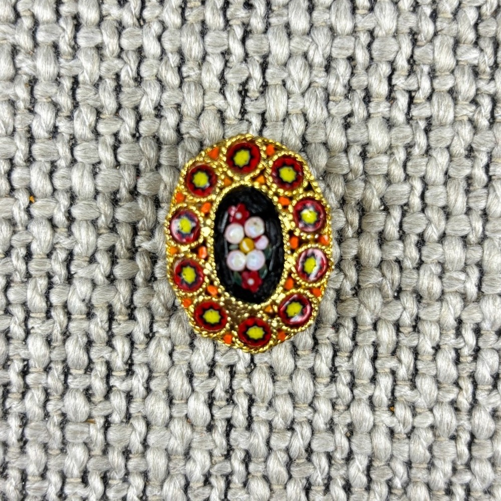 Vintage 1950s Italian Micro Mosaic Brooch Red Yellow Millefiori Floral Pin